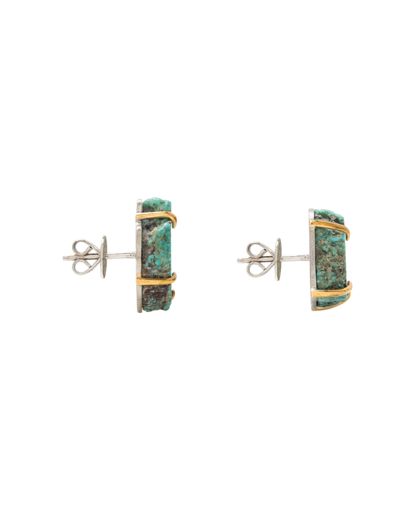 Handmade turquoise ear studs featuring raw gemstone with pyrite, perfect for minimalist boho jewelry enthusiasts.