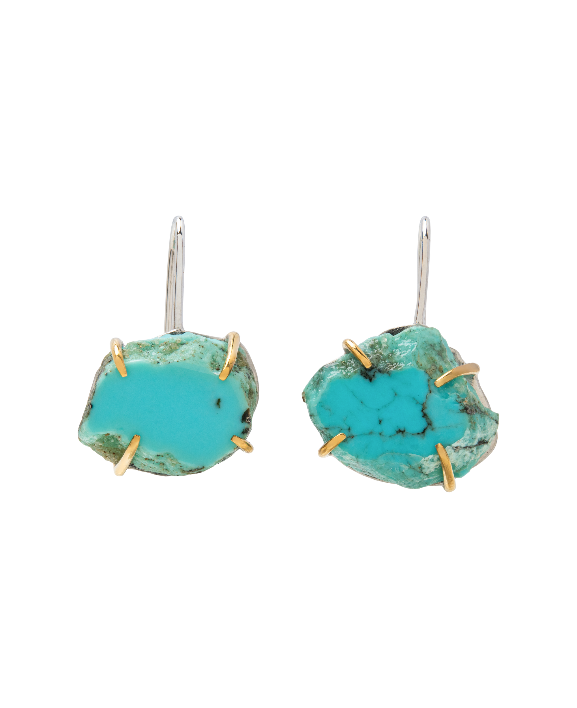 Raw turquoise handmade ear hook earrings with claw set design showcasing natural edges and bold minimalist style.