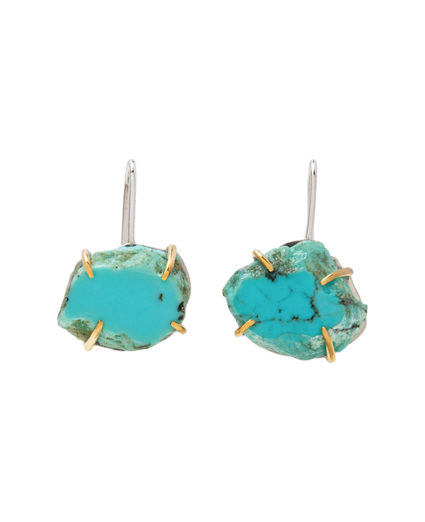 Raw turquoise handmade ear hook earrings with claw set design showcasing natural edges and bold minimalist style.