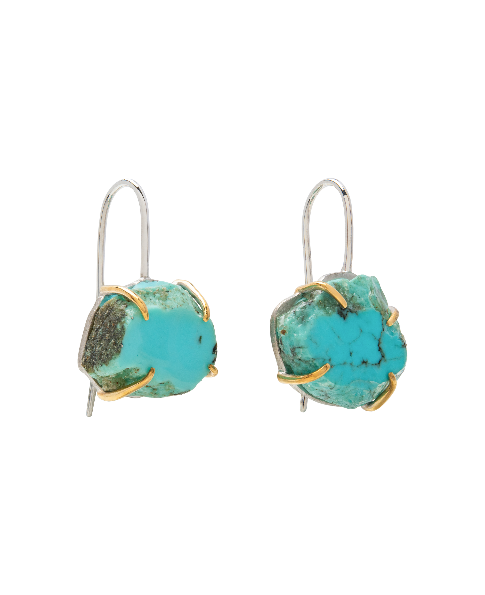 Raw turquoise handmade ear hook earrings with claw set design, showcasing natural edges and minimalist drop style.