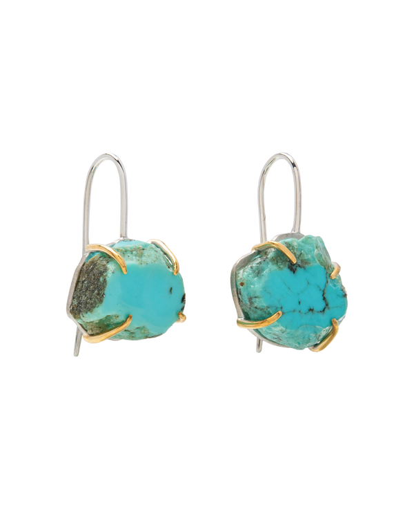 Raw turquoise handmade ear hook earrings with claw set design, showcasing natural edges and minimalist drop style.