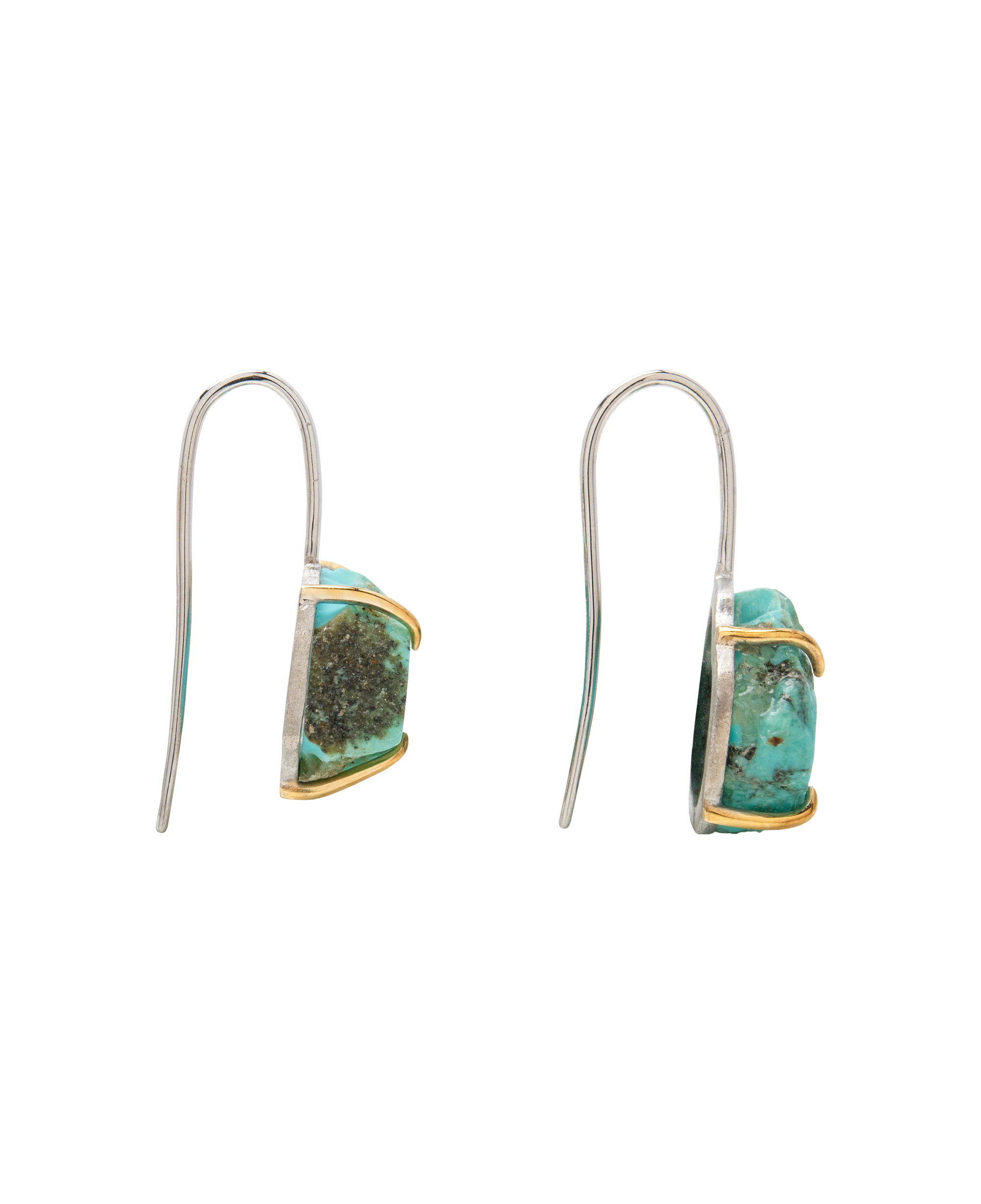 Raw turquoise handmade ear hook earrings with claw set stones in minimalist design, showcasing natural beauty.