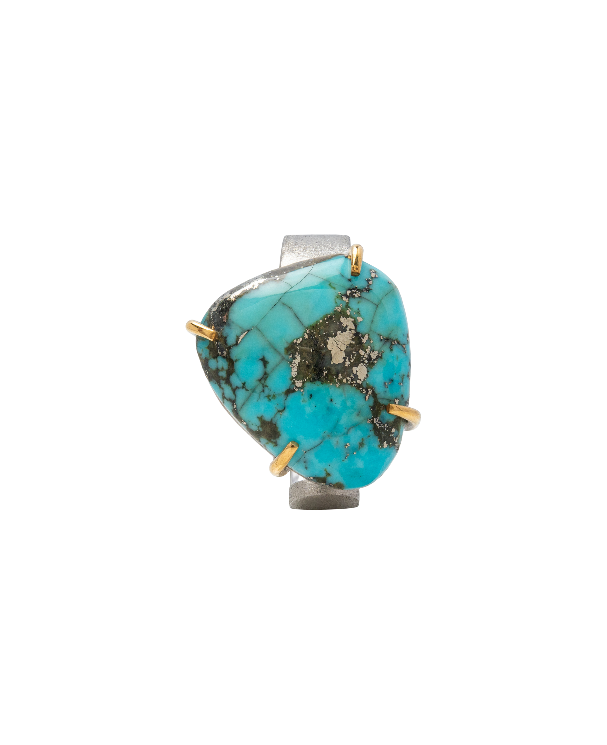 Turquoise handmade open shank ring featuring a unique raw turquoise stone with a silver band and gold accents.