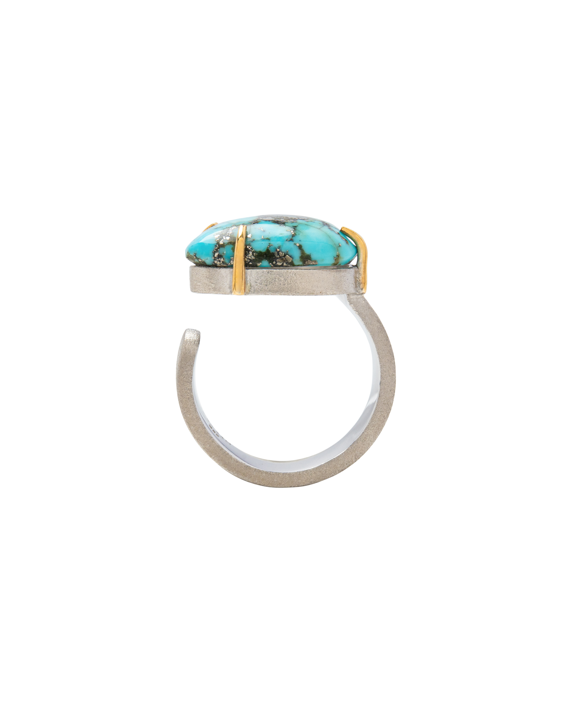Turquoise handmade open shank ring with raw turquoise gemstone, showcasing modern simplicity and ancient depth.