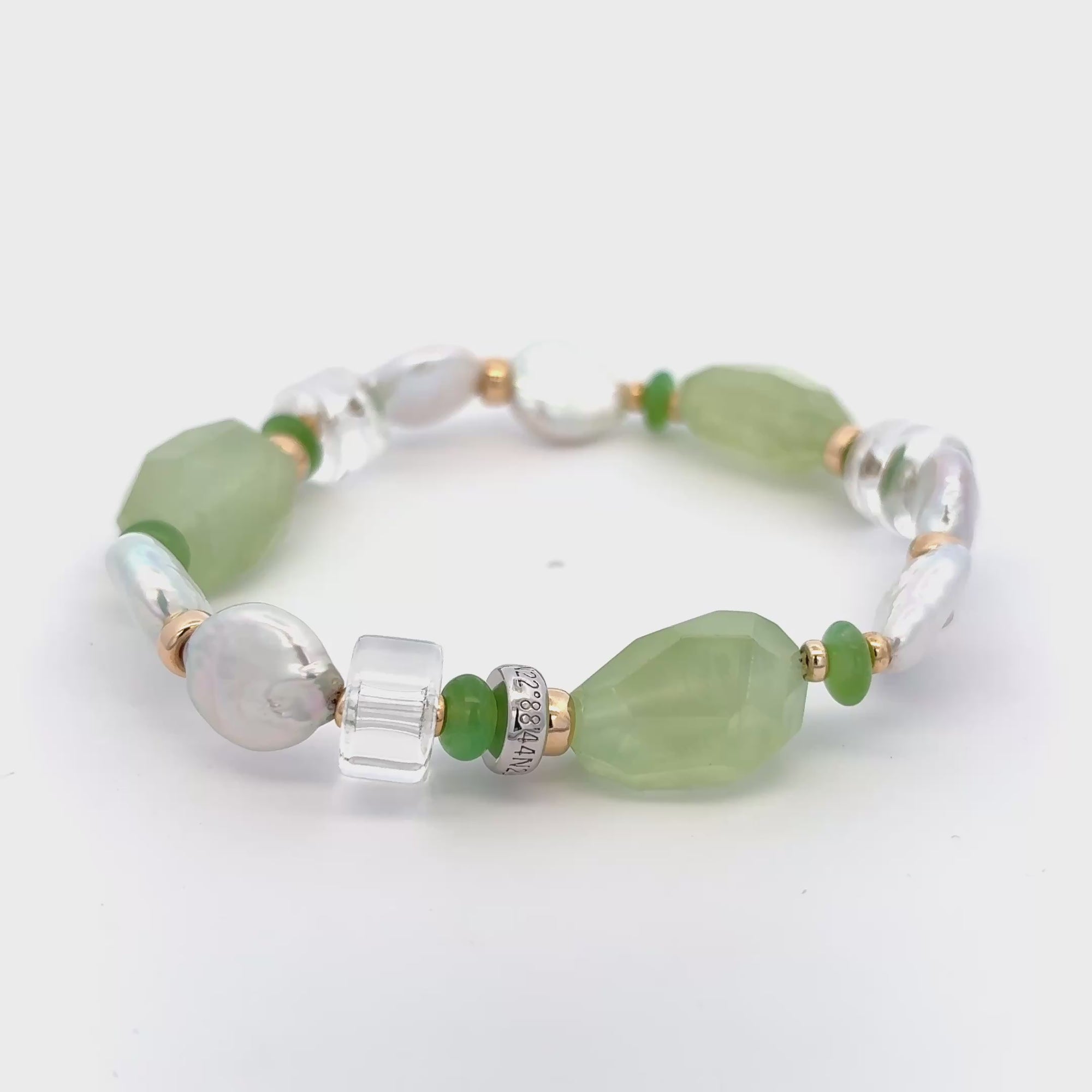 I Am Not Perfect x Forest Bracelet featuring unique baroque pearls and green gemstones in a chic design.