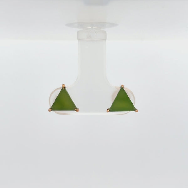 Handcrafted Trigon ear studs with vivid green jade stones