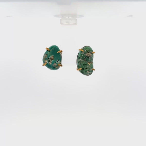 Raw turquoise handmade ear studs with pyrite flecks, showcasing unique earthy tones and gold accents.